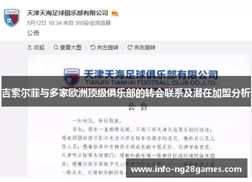 吉索尔菲与多家欧洲顶级俱乐部的转会联系及潜在加盟分析